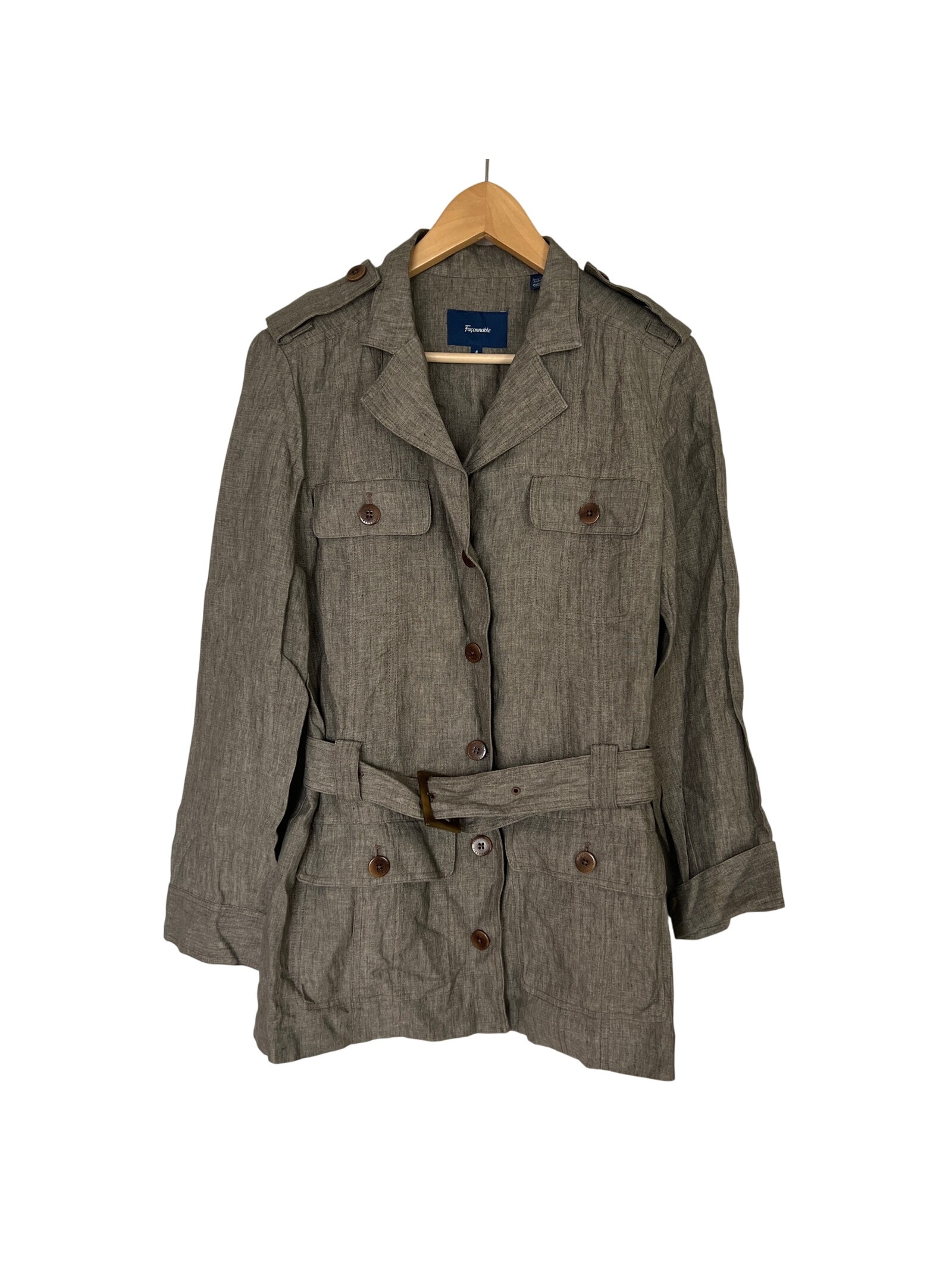 Faconnable Women's Size 6 Linen Jacket Safari Coat Tab Pockets Brown Belt Button